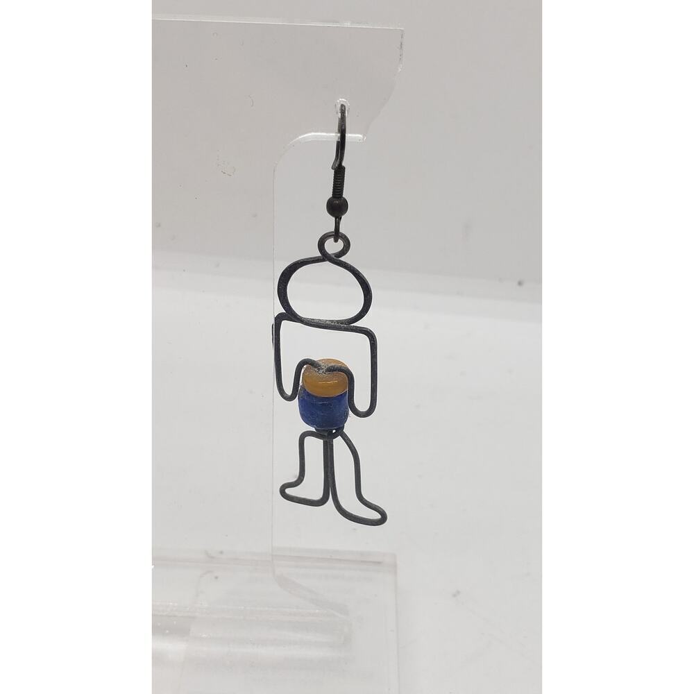 Vintage Earrings Wire Figural Man Person Handmade 1970s Person Boho Glass Beads - Picture 3 of 8